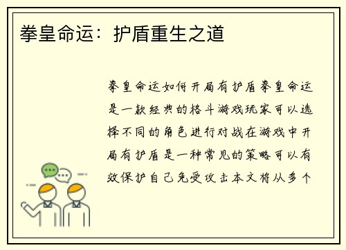 拳皇命运：护盾重生之道